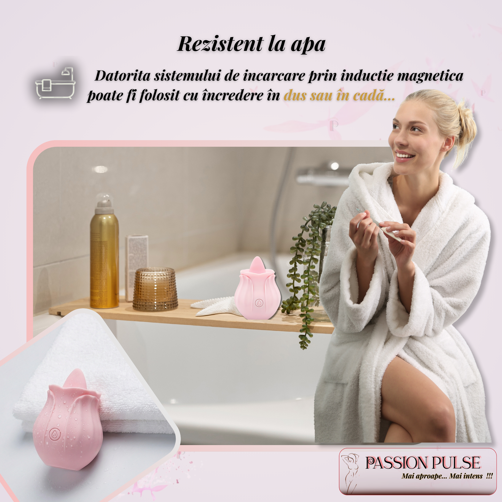 Vibrator clitoridian PassionPulse prezentat în decor de baie, evidențiind utilizarea sigură în medii umede.