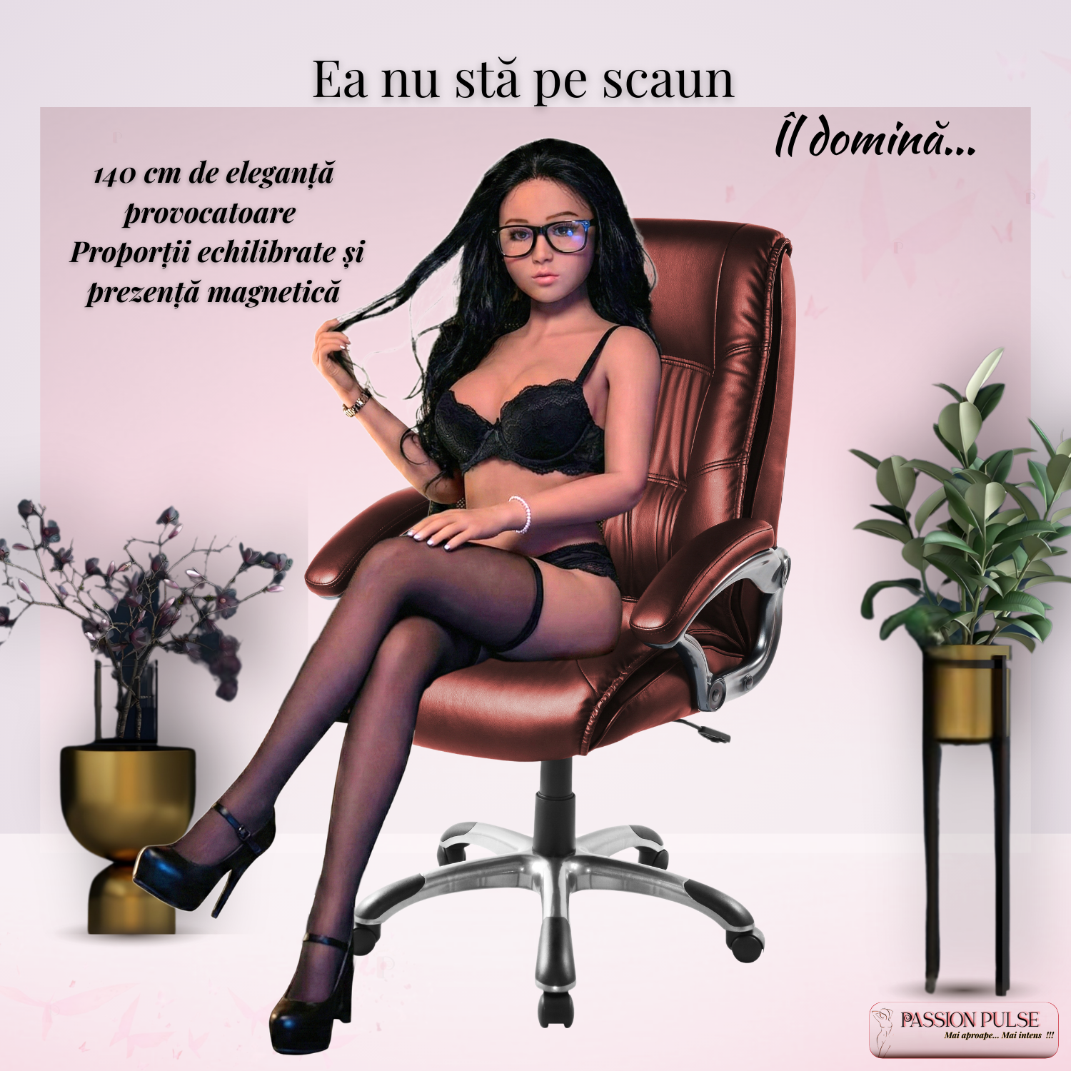 Papusa realista TPE 140 cm in decor modern cu scaun si plante decorative